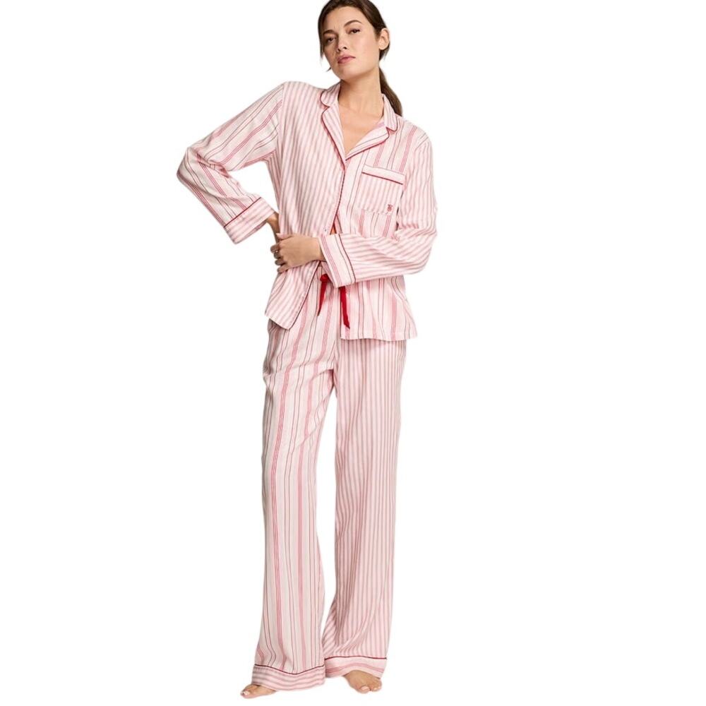 Victoria Secret Flannel pajama set red & white candy cane stripe pattern